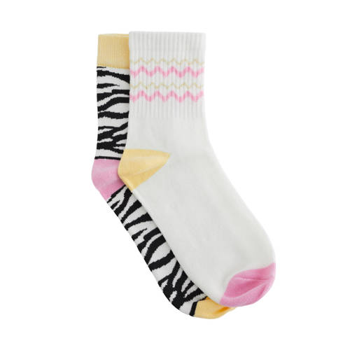 WE Fashion sokken - set van 2 wit/zwart/roze Meisjes Katoen All over print - maat 31/34 - glitter afbeelding