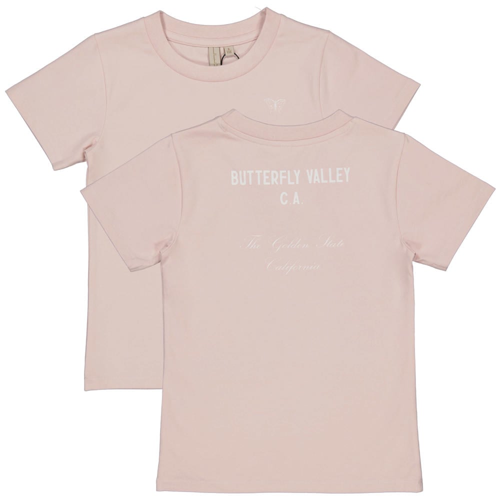 Roze meisjes LEVV Little T-shirt van stretchkatoen met backprint, korte mouwen, reverskraag en knoopsluiting
