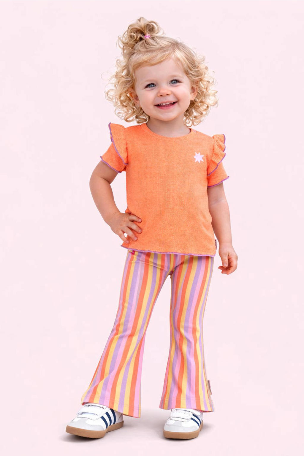 Oranje en lavendelkleurige meisjes B.Nosy T-shirt van polyester met effen, korte mouwen, ronde hals en borduursels
