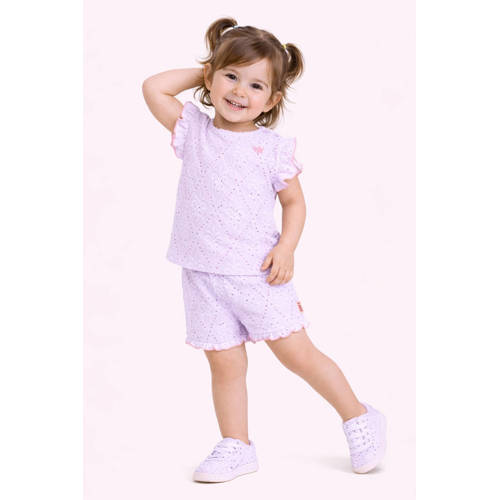 B.Nosy T-shirt + korte broek broderie lila Set Paars Meisjes Polyester Ronde hals - maat 80 afbeelding