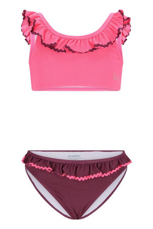 bikini met ruches roze/donkerrood