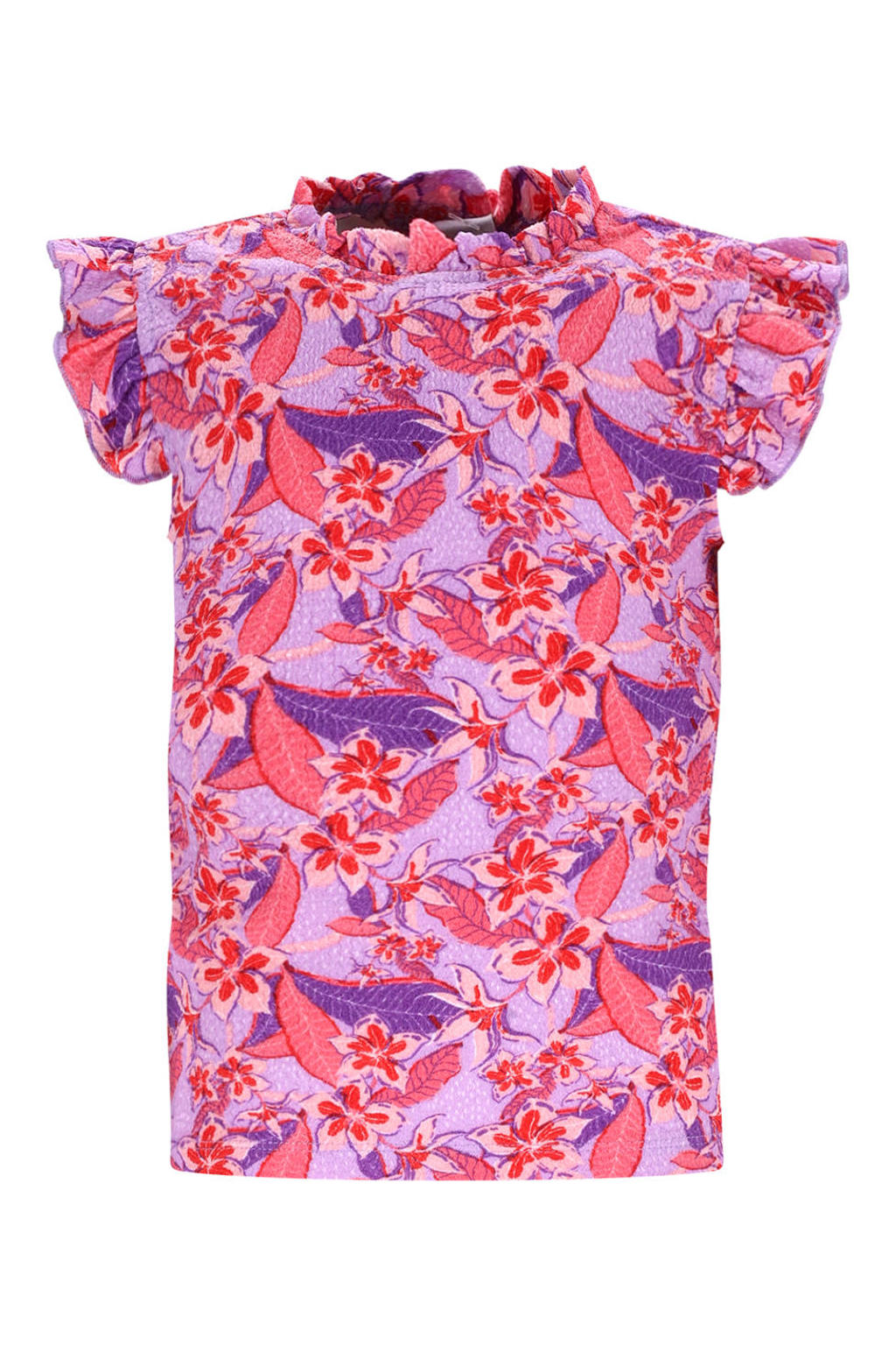 Lila, rood en paarse meisjes B.Nosy gebloemde blousetop van polyester met korte mouwen, opstaande kraag en ruches