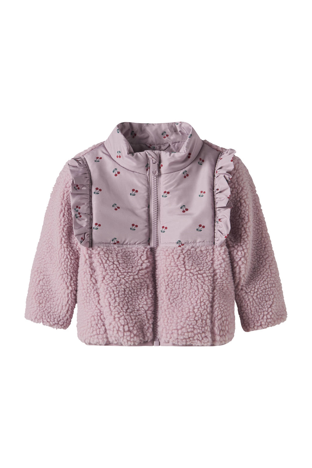 Lilakleurige meisjes NAME IT BABY teddy jas met bloemenprint, lange mouwen, opstaande kraag, ritssluiting en ruches
