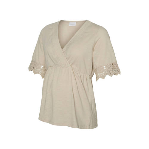 MAMALICIOUS zwangerschaps- en voedings T-shirt beige broderie Dames Katoen V-hals - maat M afbeelding