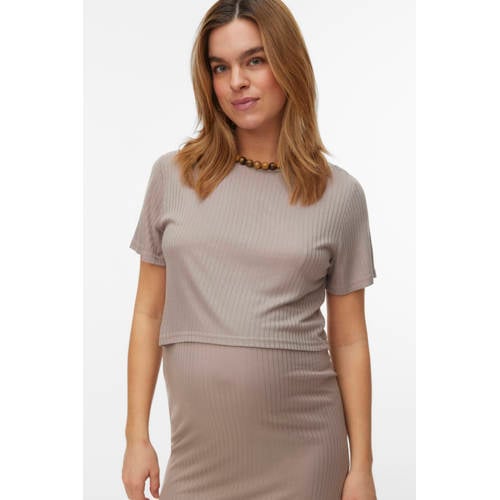 MAMALICIOUS zwangerschaps cropped top beige Dames Viscose Ronde hals Effen - maat M afbeelding