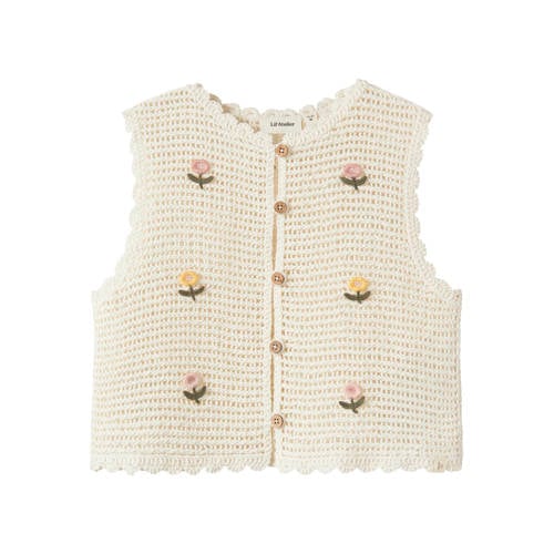 LIL' ATELIER MINI gebloemde gilet ecru gehaakt Meisjes Katoen Ronde hals - maat 110 afbeelding