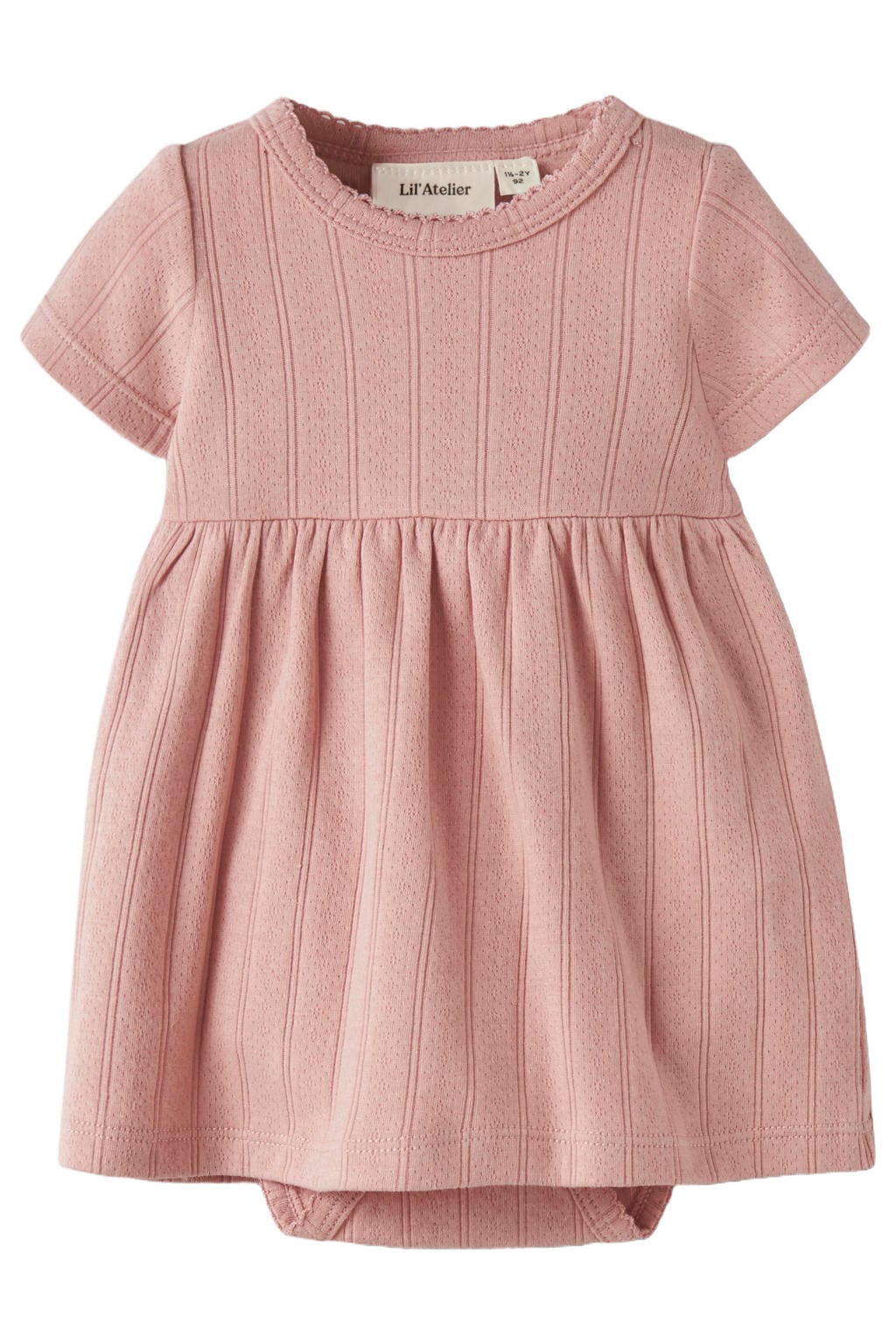 Roze meisjes LIL' ATELIER BABY midijurk romper van katoen met effen, korte mouwen en ronde hals