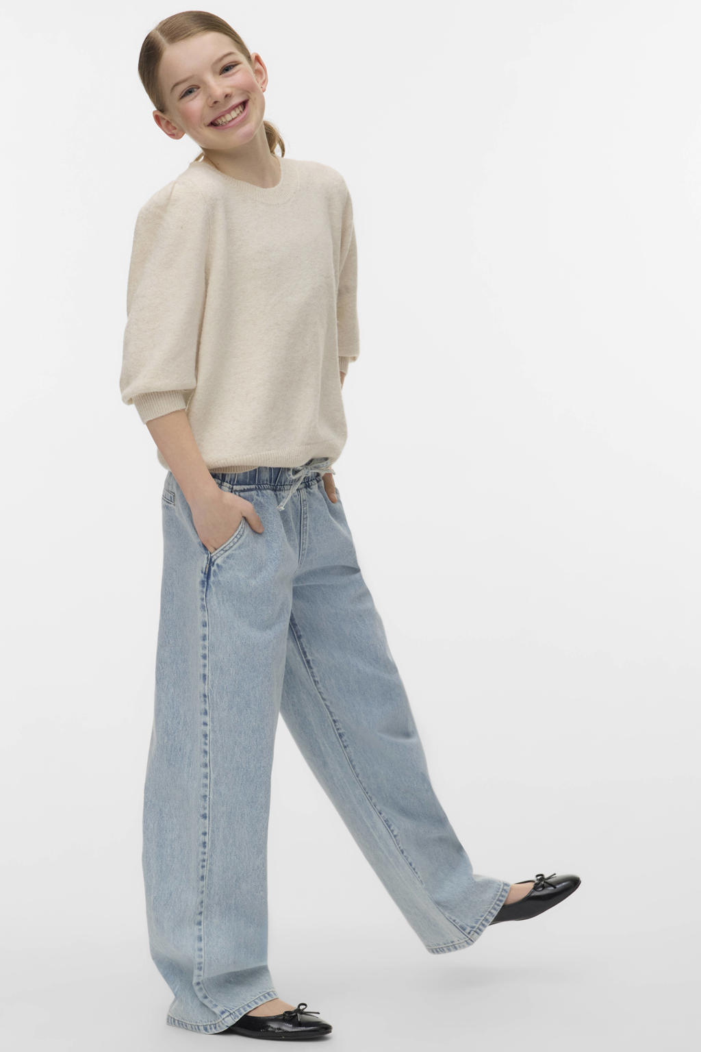 Beige meisjes VERO MODA GIRL trui fijn gebreid van polyester met effen, half lange mouwen en ronde hals