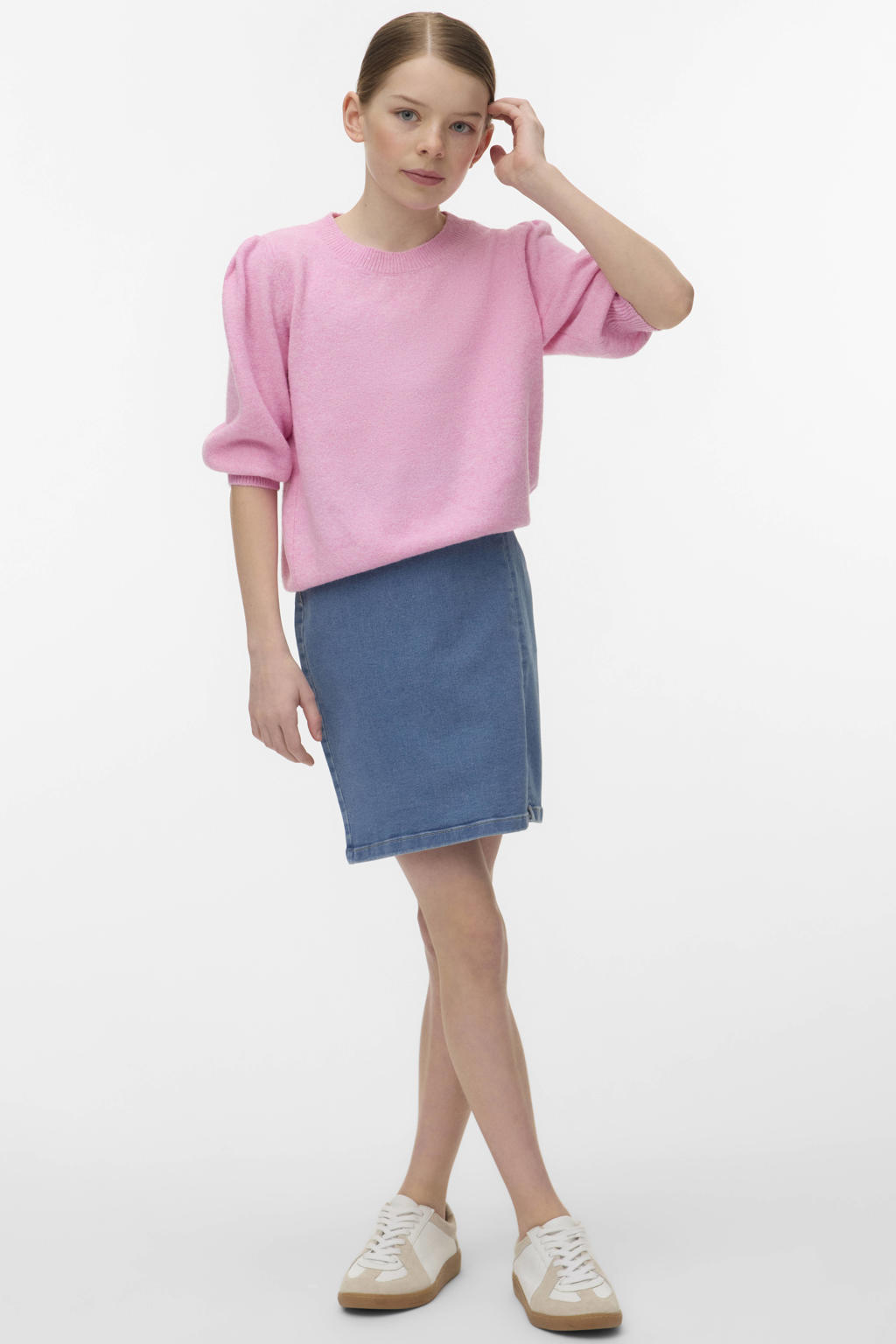 Roze meisjes VERO MODA GIRL trui fijn gebreid van polyester met effen, half lange mouwen en ronde hals