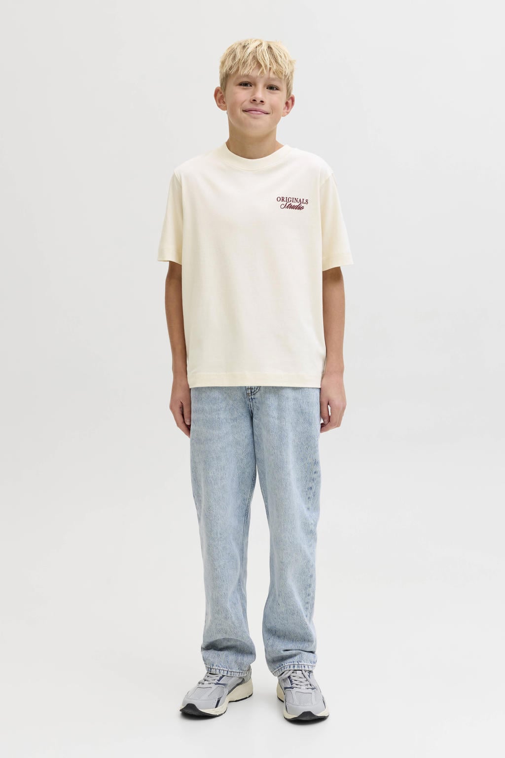 Ecru jongens JACK & JONES JUNIOR T-shirt van katoen met backprint, korte mouwen en ronde hals