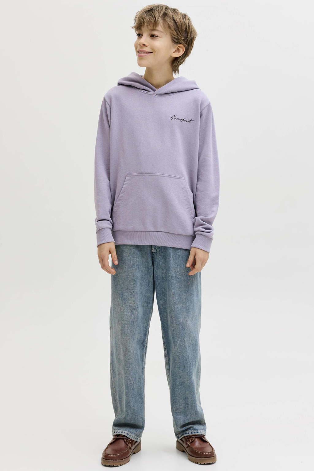 Lilakleurige jongens JACK & JONES JUNIOR hoodie van sweat materiaal met backprint, lange mouwen en capuchon