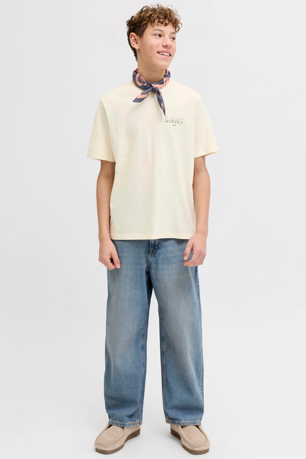 Ecru jongens JACK & JONES JUNIOR T-shirt van katoen met backprint, korte mouwen en ronde hals
