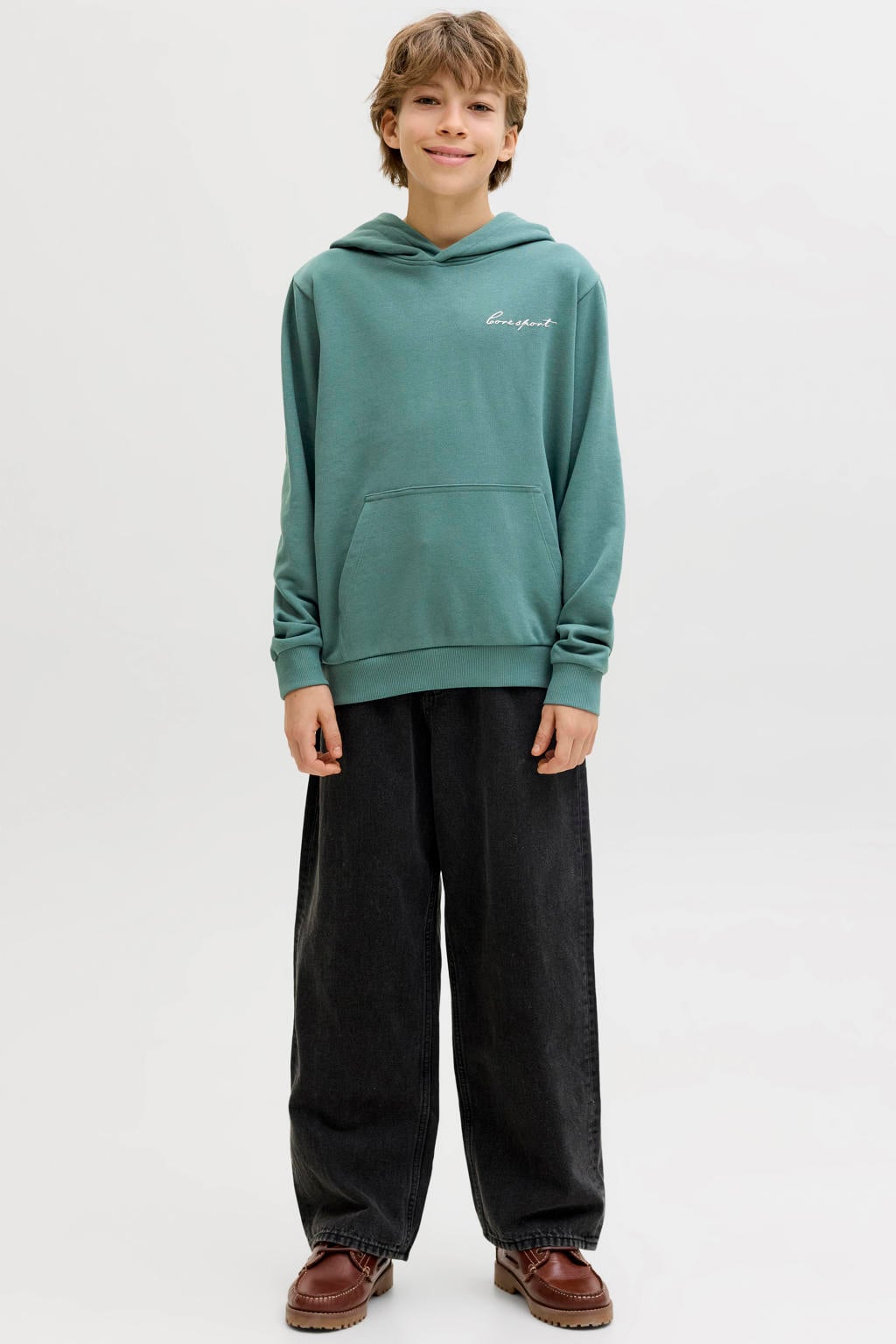 Groene jongens JACK & JONES JUNIOR hoodie van sweat materiaal met backprint, lange mouwen en capuchon