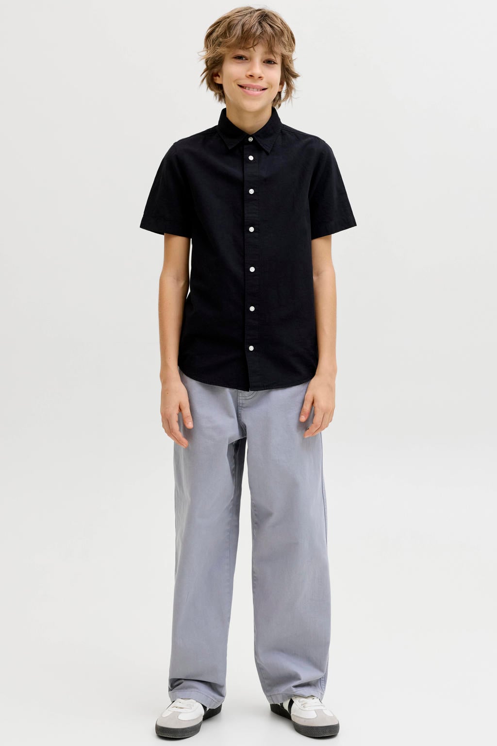 Grijze jongens JACK & JONES JUNIOR baggy casual broek van katoen met high waist, rits- en knoopsluiting en effen