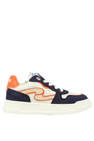 leren sneakers donkerblauw/oranje