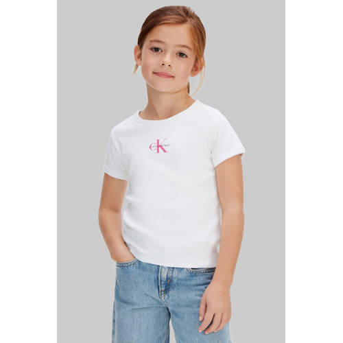 Calvin Klein T-shirt wit Meisjes Stretchkatoen Ronde hals Logo - maat 140 afbeelding