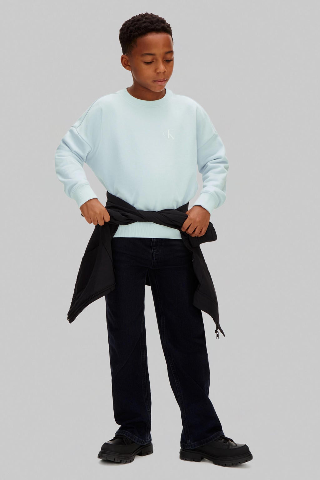 Lichtblauwe jongens Calvin Klein sweater met effen, lange mouwen en geribde boorden