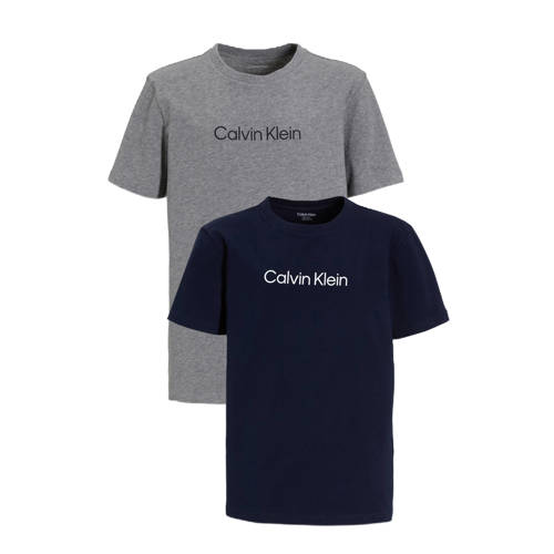 Calvin Klein T-shirt - set van 2 donkerblauw/grijs melange Jongens Stretchkatoen Ronde hals - maat 164/176 afbeelding