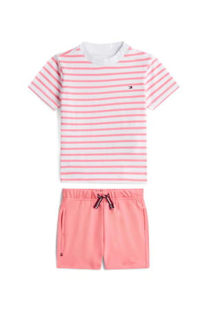 T-shirt + korte broek roze/wit