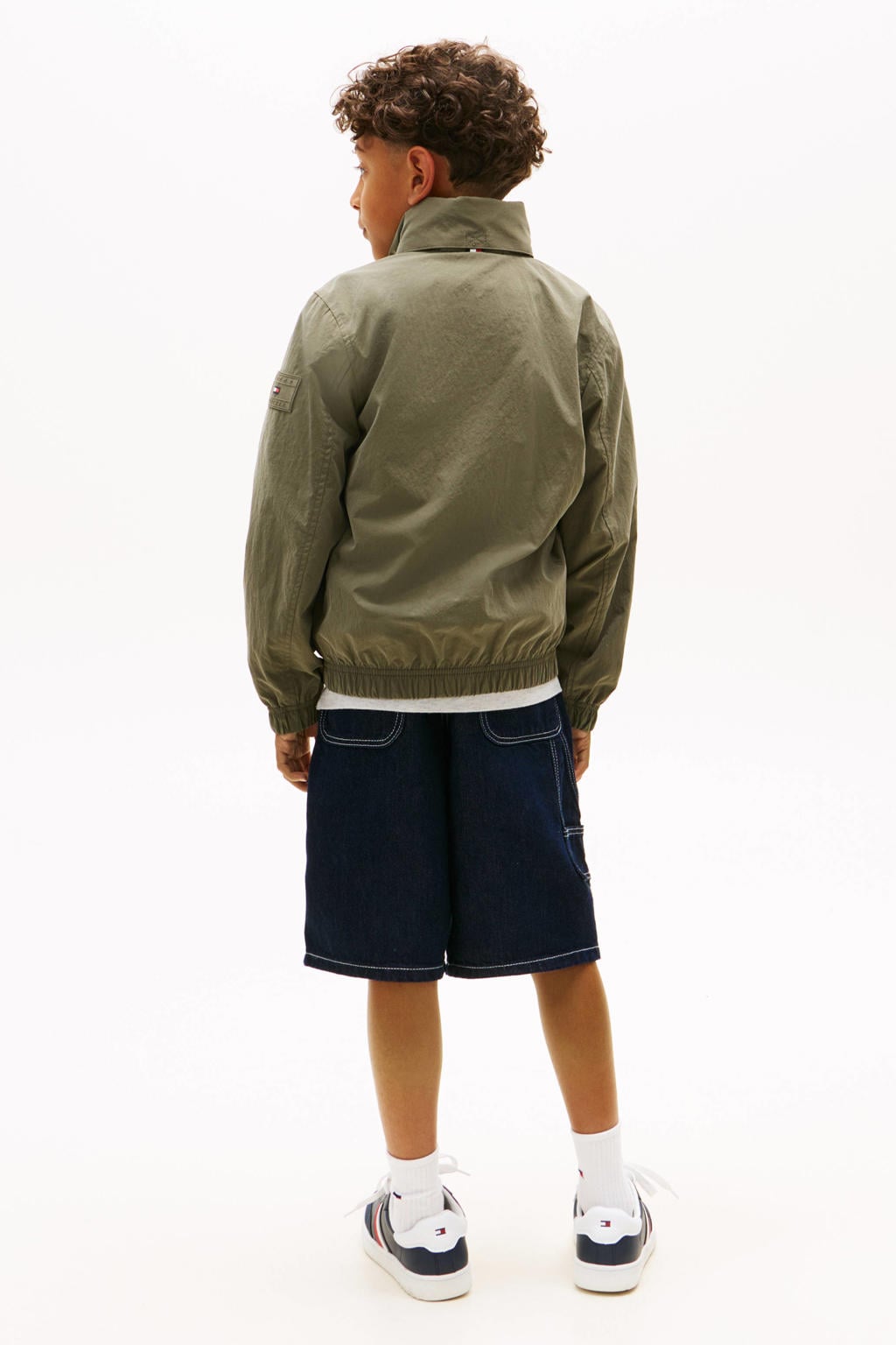 Groene jongens Tommy Hilfiger zomerjas van nylon met effen, lange mouwen, opstaande kraag en ritssluiting