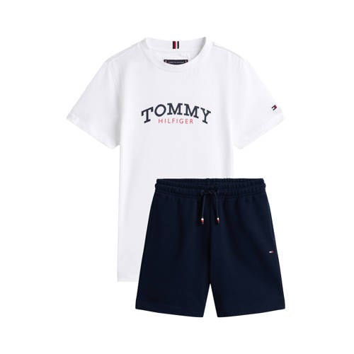 Tommy Hilfiger T-shirt + sweatshort wit/donkerblauw Shirt + broek Jongens Katoen Ronde hals - maat 116 afbeelding