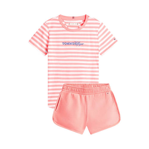 Tommy Hilfiger T-shirt + sweatshort roze/wit Shirt + broek Meisjes Katoen Ronde hals - maat 140 afbeelding