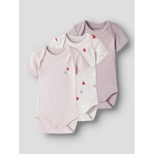 NAME IT BABY romper - set van 3 roze/wit Meisjes Katoen Ronde hals Hartjes - maat 68 afbeelding