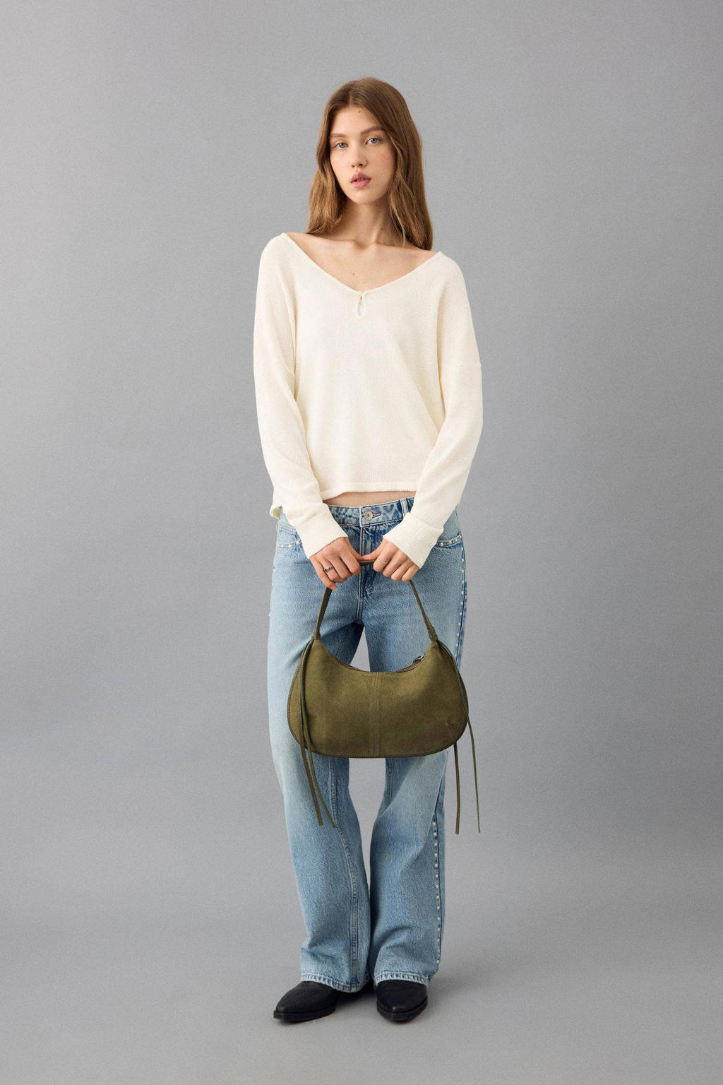 Beige meisjes MANGO TEEN trui fijn gebreid van acryl met effen, lange mouwen en V-hals