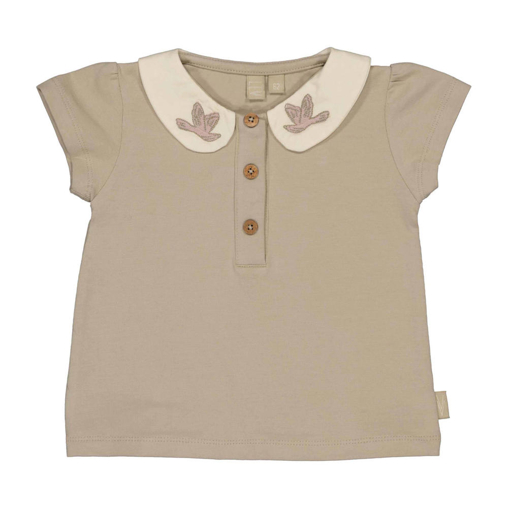 Bruine meisjes LEVV Newborn T-shirt van katoen met effen, korte mouwen, peter pan-kraag en knoopsluiting