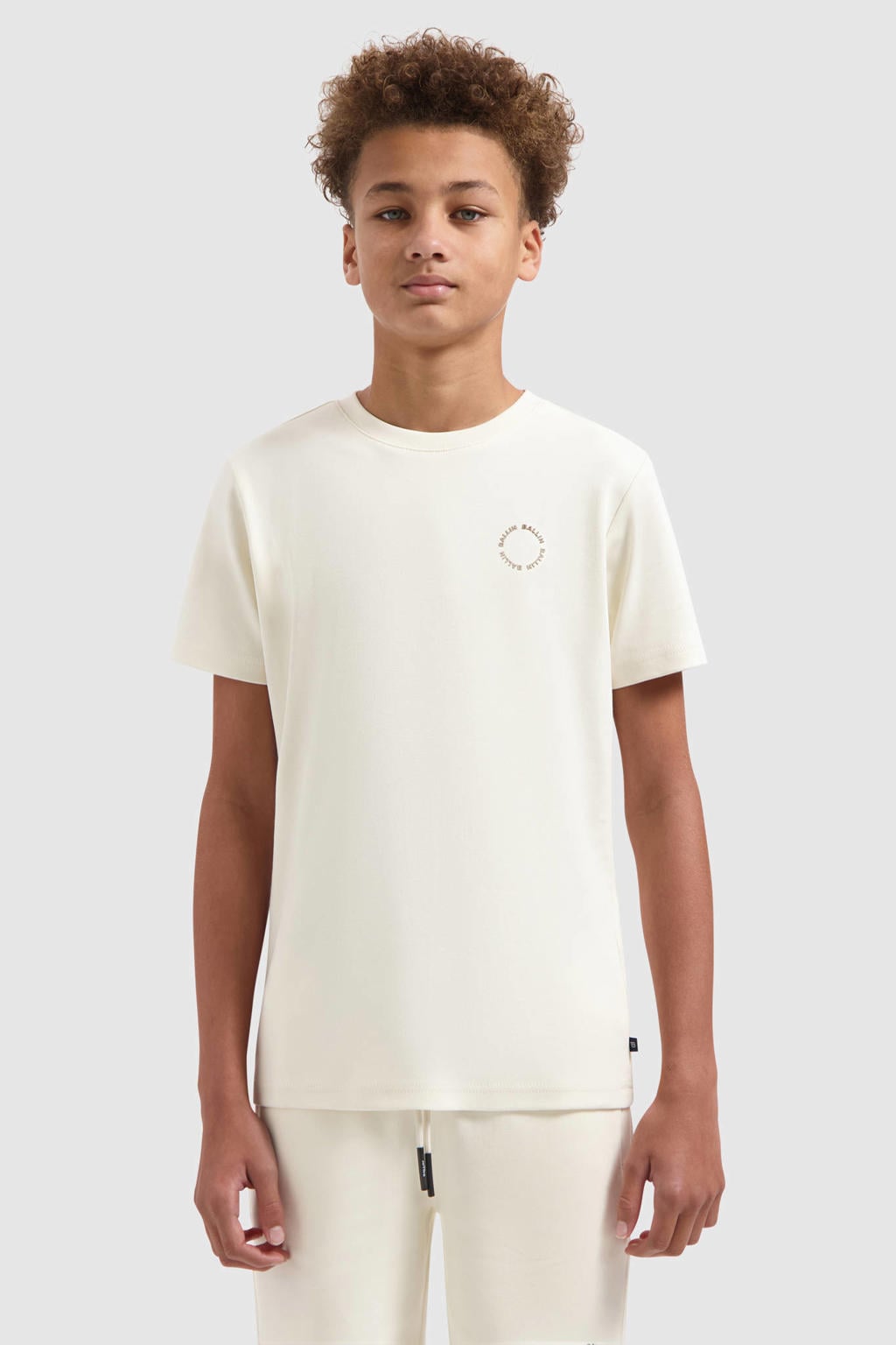 Ecru jongens Ballin T-shirt van katoen met effen, korte mouwen en ronde hals