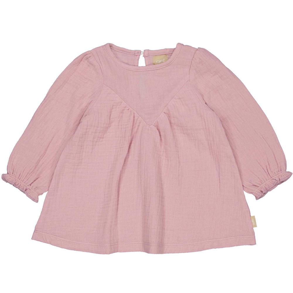 Roze meisjes QPI Newborn korte jurk van katoen met effen, lange mouwen, ronde hals, drukknoopsluiting en ruches