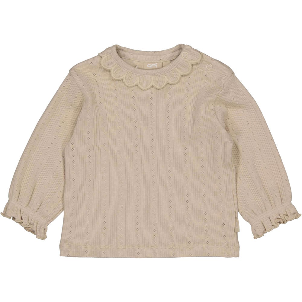 Lichtbruine meisjes QPI Newborn longsleeve ajour van katoen met effen, lange mouwen, ronde hals en drukknoopsluiting