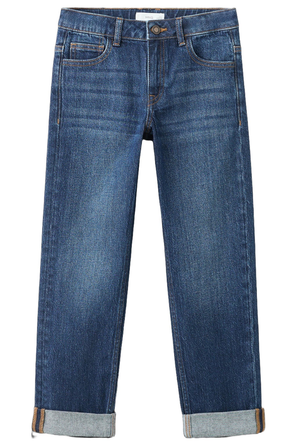 Dark blue denim jongens Mango Kids tapered jeans dark blue van denim met rits- en knoopsluiting en effen