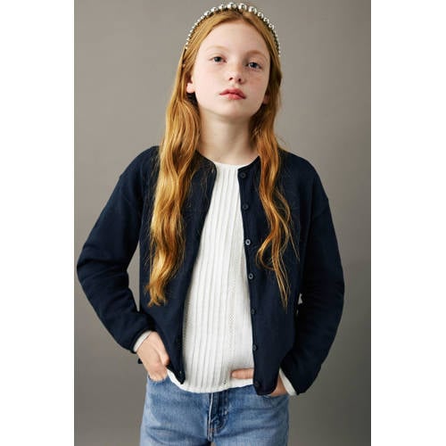 Mango Kids gebreid vest donkerblauw Meisjes Katoen Ronde hals Effen - maat 116 afbeelding