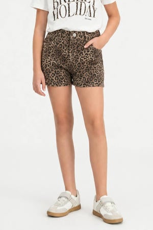 skinny regular waist casual short met panterprint bruin