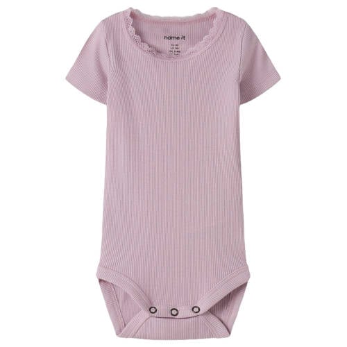 NAME IT BABY romper roze rib gebreid Meisjes Stretchkatoen Ronde hals Effen - maat 68 afbeelding