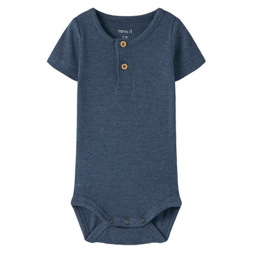 NAME IT BABY romper rib gebreid donkerblauw Jongens Stretchkatoen Ronde hals - maat 74 afbeelding