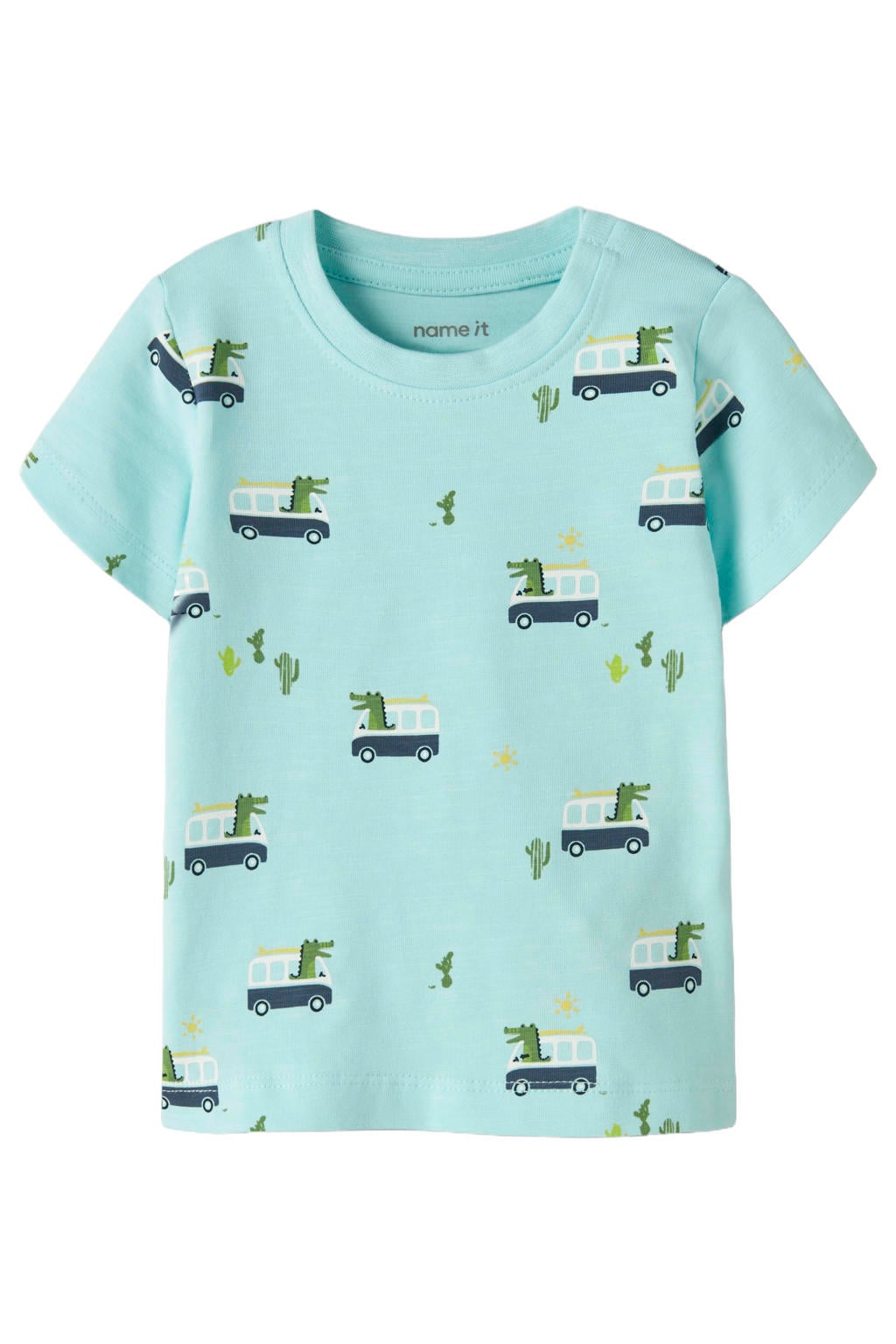 Blauwe jongens NAME IT BABY T-shirt van stretchkatoen met korte mouwen, ronde hals en drukknoopsluiting