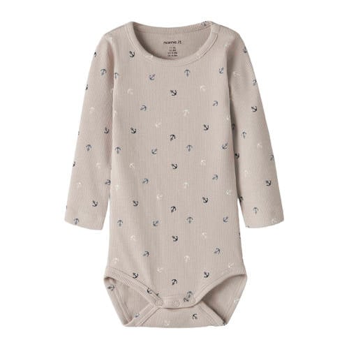 NAME IT BABY romper greige Beige Jongens Stretchkatoen Ronde hals All over print - maat 80 afbeelding