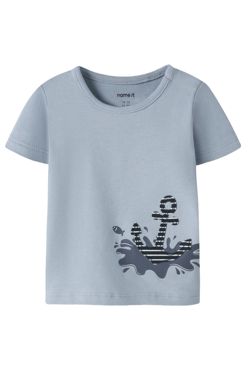 Blauwe jongens NAME IT BABY T-shirt van stretchkatoen met printopdruk, korte mouwen, ronde hals en drukknoopsluiting