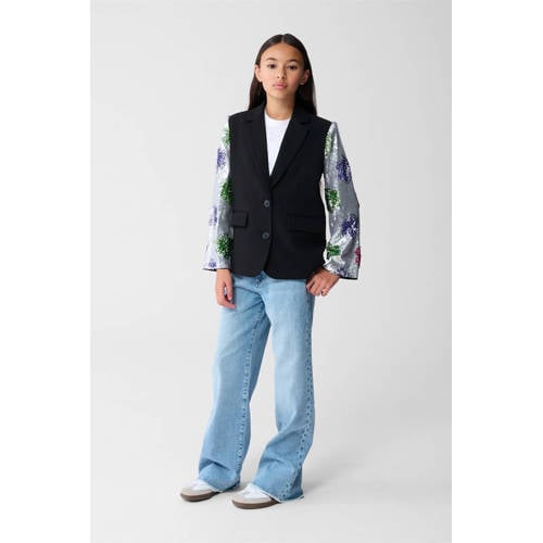 Shoeby regular fit blazer zwart met pailletten Meisjes Polyester Reverskraag - maat 122/128 afbeelding