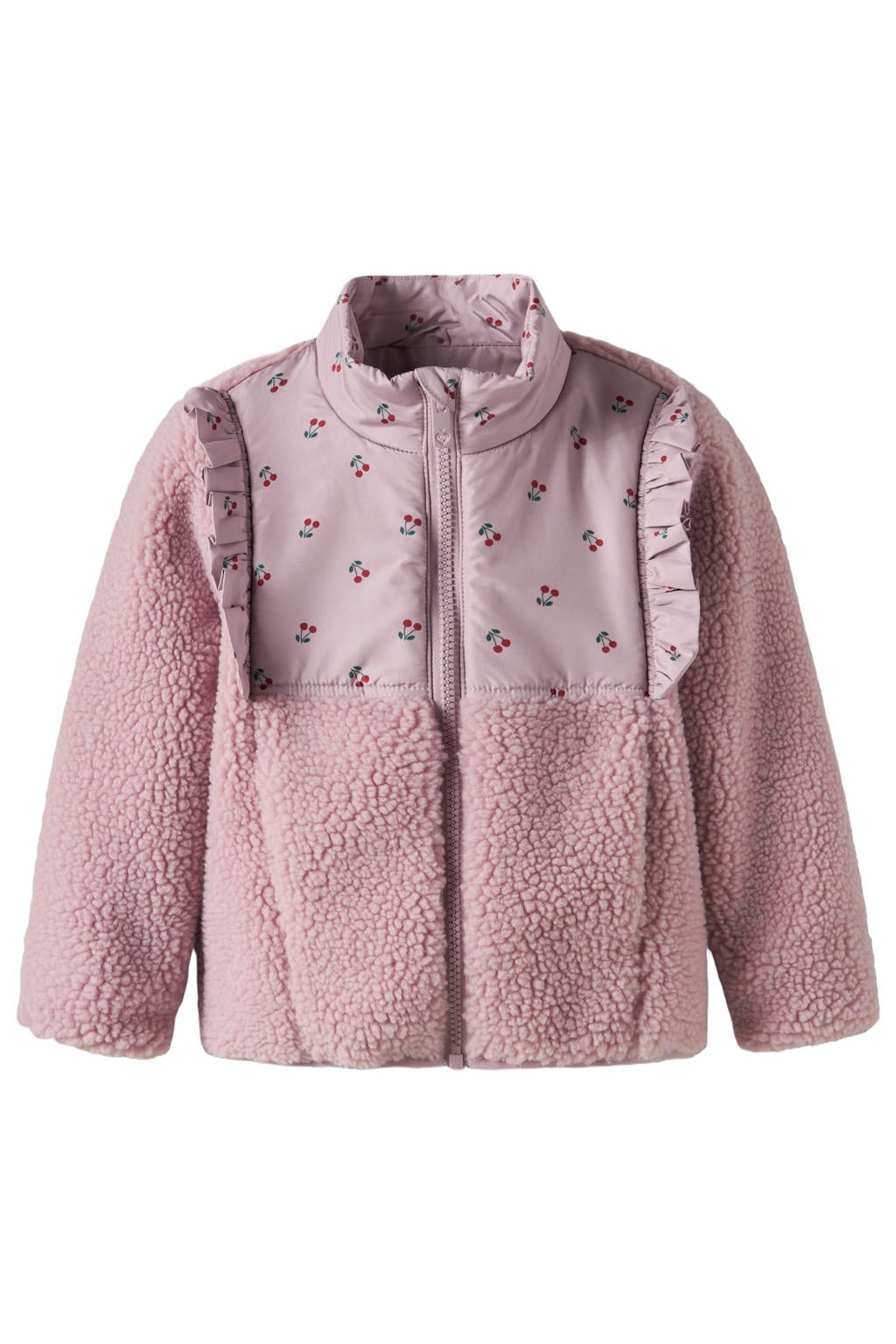 Roze meisjes NAME IT MINI teddy jas van polyester met bloemenprint, lange mouwen, ritssluiting en ruches
