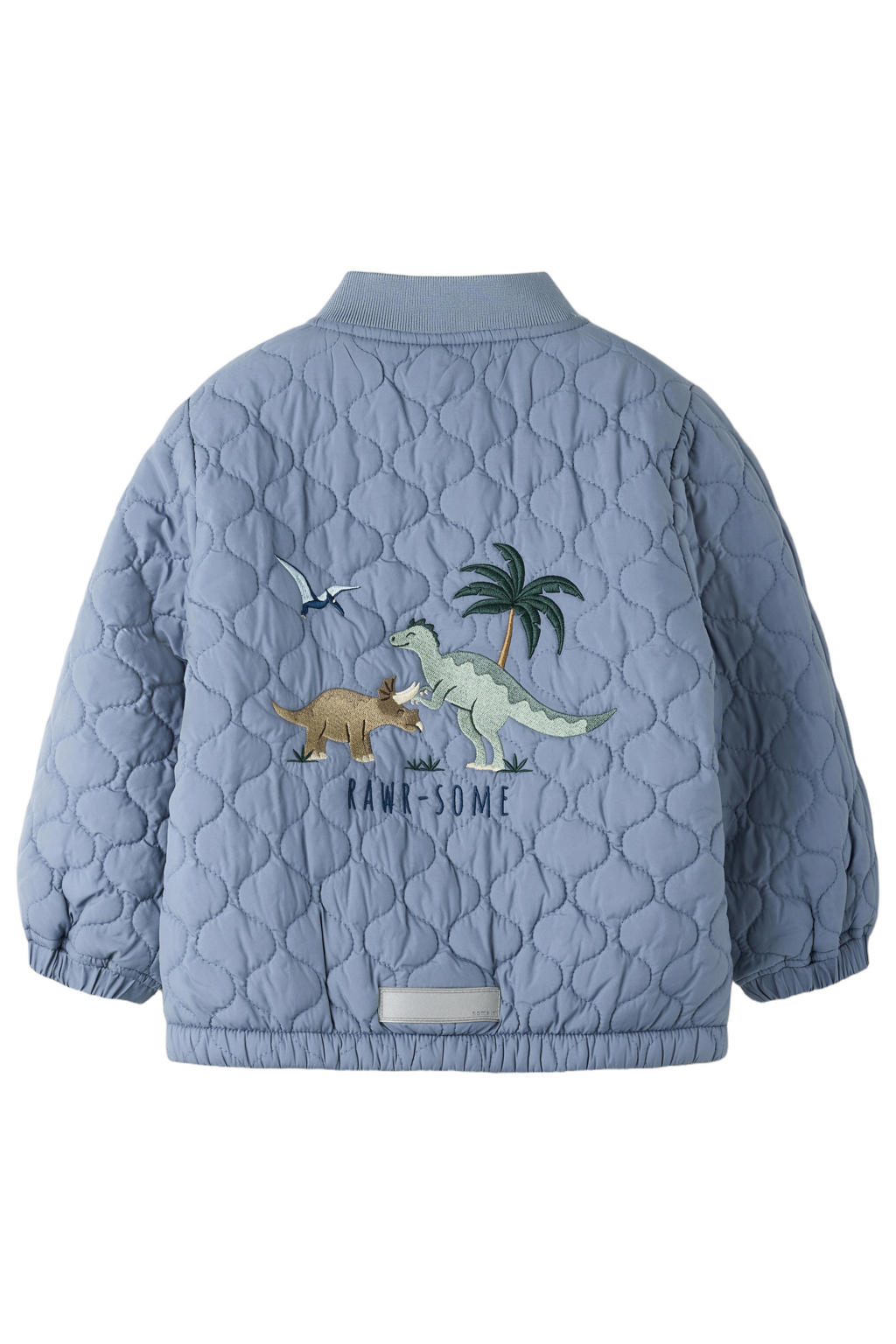 Grijsblauwe jongens NAME IT MINI bomberjack blauw van polyester met backprint, lange mouwen, ronde hals, ritssluiting en borduursels