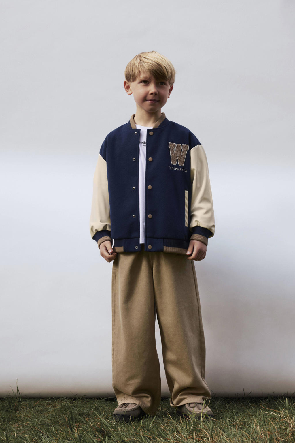 Donkerblauw en ecru jongens NAME IT KIDS bomberjack van polyester met lange mouwen, ronde hals, drukknoopsluiting en geribde boorden