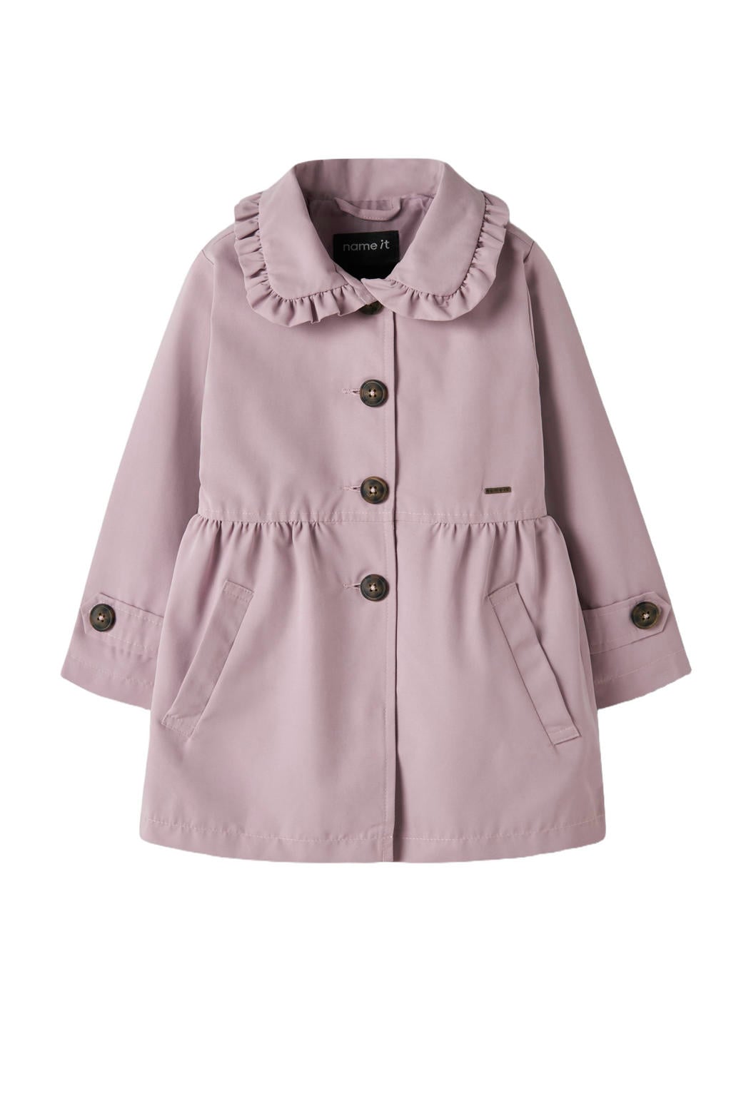 Lilakleurige meisjes NAME IT MINI trenchcoat van polyester met effen, lange mouwen, klassieke kraag, ritssluiting en plooien