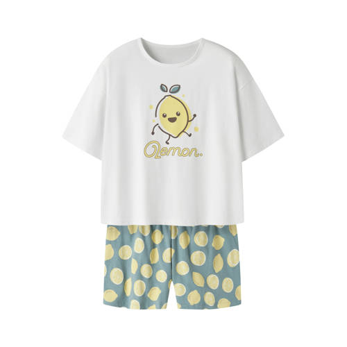 NAME IT KIDS shortama blauw/geel/wit Meisjes Stretchkatoen Ronde hals All over print - maat 110/116 afbeelding