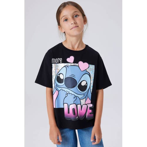 NAME IT KIDS Lilo & Stitch T-shirt zwart Meisjes Stretchkatoen Ronde hals - maat 134/140 afbeelding