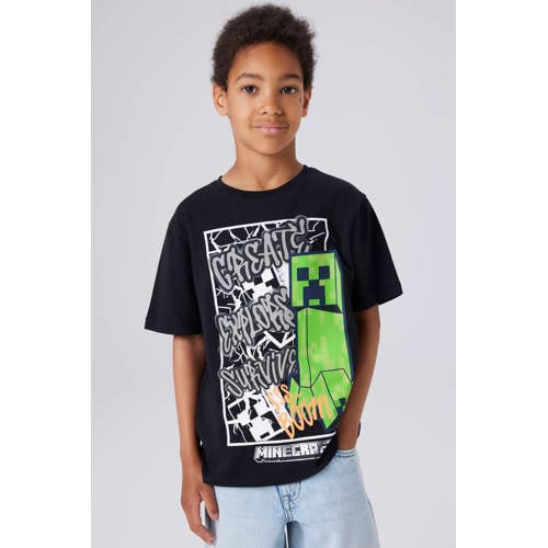 NAME IT KIDS Minecraft T-shirt zwart Jongens Stretchkatoen Ronde hals Printopdruk - maat 122/128 afbeelding