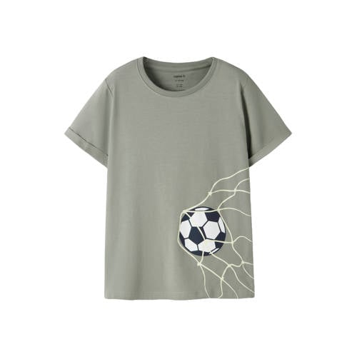 NAME IT KIDS T-shirt grijsgroen Jongens Stretchkatoen Ronde hals Printopdruk - maat 146/152 afbeelding