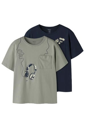 T-shirt - donkerblauw/grijsgroen (set van 2)